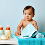 아기 보습크림 바르는 법 - A baby with healthy, moisturized skin after bath time, wearing a soft cotton towel, fully clothed, s...