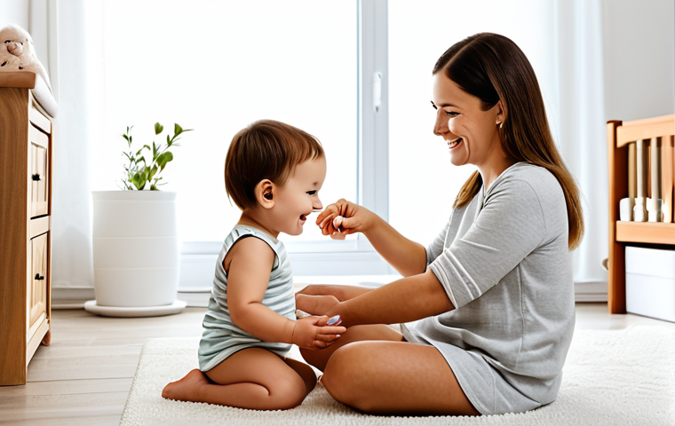 아기 보습크림 바르는 법 - A baby with healthy, moisturized skin after bath time, wearing a soft cotton towel, fully clothed, s...