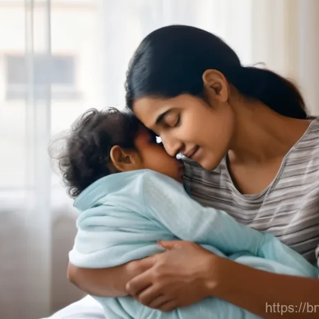 아기 체온 낮추는 법 - **Prompt: Comforting a Feverish Child**
    A tender, realistic indoor scene featuring a South Asian...