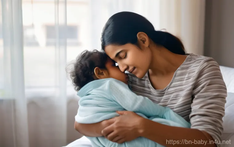 아기 체온 낮추는 법 - **Prompt: Comforting a Feverish Child**
    A tender, realistic indoor scene featuring a South Asian...