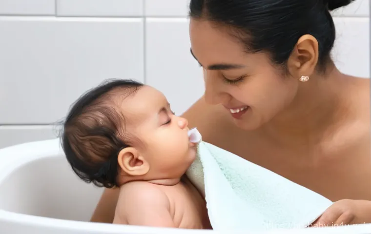 아기 체온 낮추는 법 - **Prompt: Comforting a Feverish Child**
    A tender, realistic indoor scene featuring a South Asian...