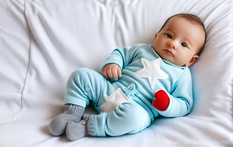 아기 손싸개 만드는 방법 - A joyful baby, approximately 8 months old, with bright, curious eyes, is comfortably nestled on a so...