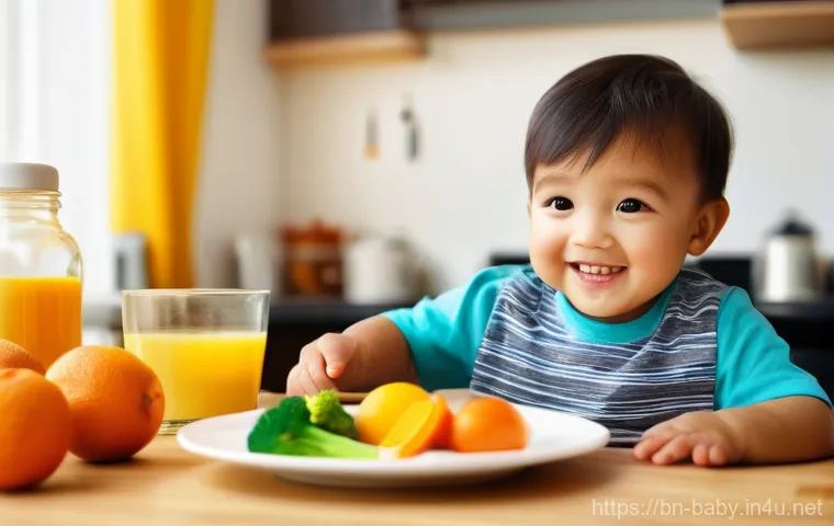 아기 식사 예절 가르치기 - **Prompt:** A cheerful toddler, around 2-3 years old, wearing a clean, brightly colored t-shirt and ...