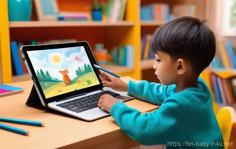 아이 창의력 키우기 활동 - **Prompt 2: Children Creating Nature Collages Outdoors**
    "Two children, one around 7 and the oth...