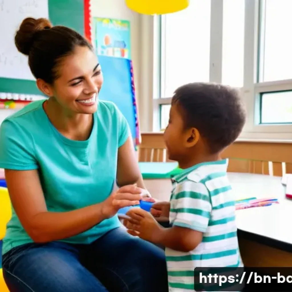 아기와 놀이학교 선택 - **A warm and nurturing preschool classroom moment.**
    *   **Description:** A cheerful female pres...
