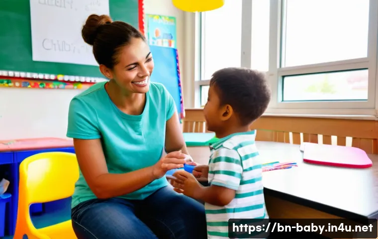 아기와 놀이학교 선택 - **A warm and nurturing preschool classroom moment.**
    *   **Description:** A cheerful female pres...