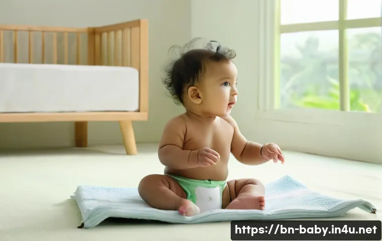 아기 기저귀 발진 예방 - A tender scene of a Bengali baby wearing a clean, hypoallergenic cotton diaper, sitting comfortably ...