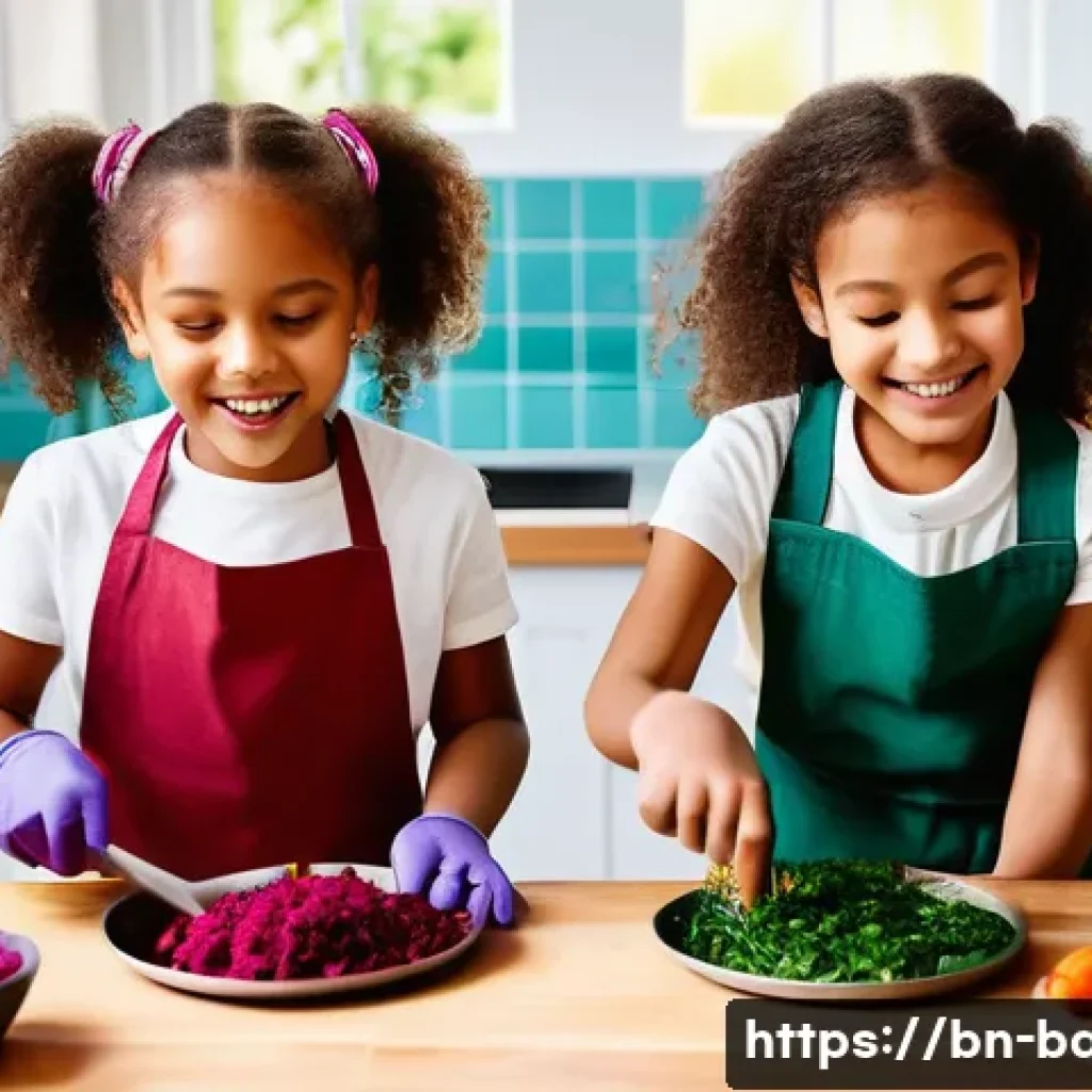 아이와 과학 실험 - A vibrant and engaging scene of children wearing colorful aprons and gloves, joyfully extracting nat...