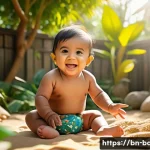 아기와 독립적인 놀이 방법 - A joyful Bengali toddler wearing a colorful diaper playing independently in a sunlit garden, surroun...
