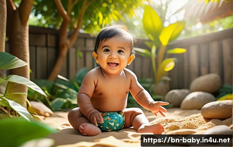 아기와 독립적인 놀이 방법 - A joyful Bengali toddler wearing a colorful diaper playing independently in a sunlit garden, surroun...