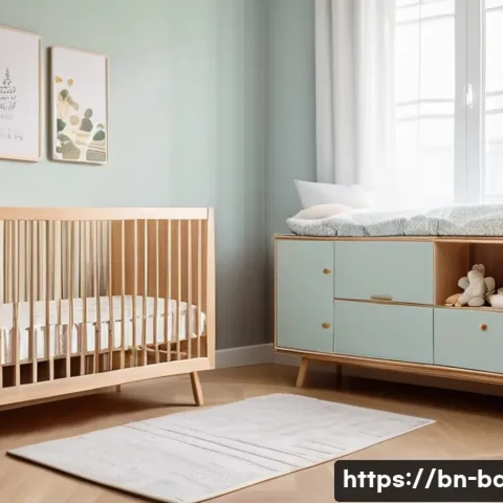 아기용품 대여 사이트 추천 - A cozy, compact baby nursery setup in a small apartment, featuring a modern wooden crib with soft be...
