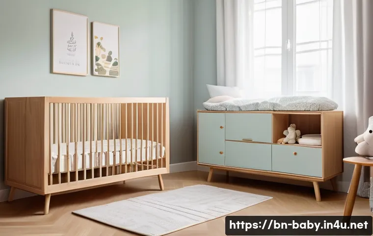 아기용품 대여 사이트 추천 - A cozy, compact baby nursery setup in a small apartment, featuring a modern wooden crib with soft be...