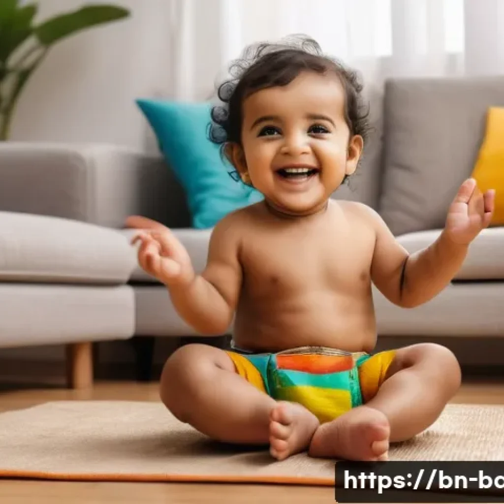아기 리듬감 키우기 - A joyful Bengali toddler wearing a colorful diaper, clapping hands and tapping feet rhythmically to ...