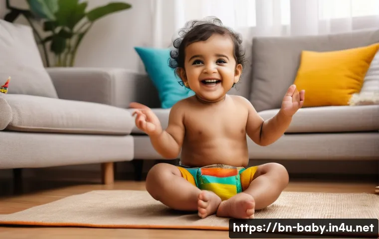 아기 리듬감 키우기 - A joyful Bengali toddler wearing a colorful diaper, clapping hands and tapping feet rhythmically to ...