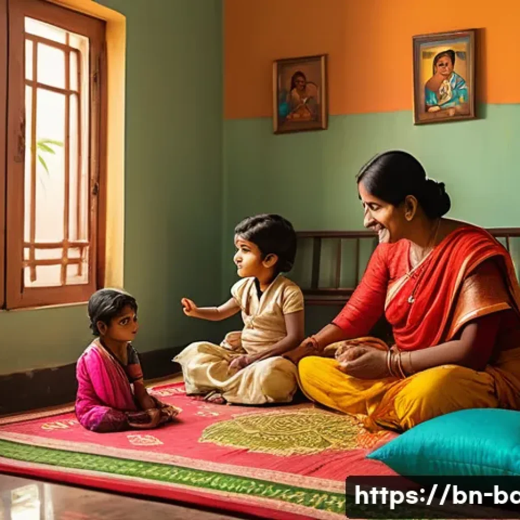 유아기 사회성 발달 지원법 - A warm and lively family scene in a cozy Bengali home where parents and siblings engage in an intima...