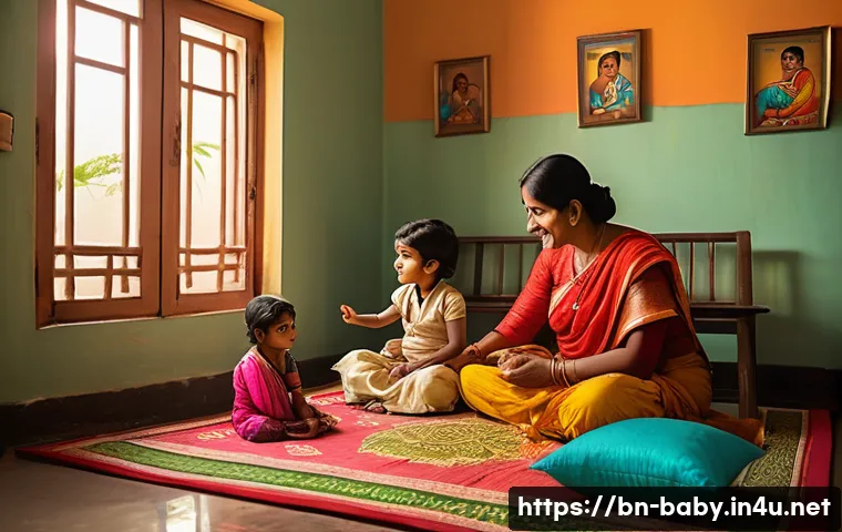 유아기 사회성 발달 지원법 - A warm and lively family scene in a cozy Bengali home where parents and siblings engage in an intima...