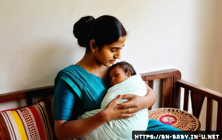 모유수유 꿀팁 - A tender and serene scene of a Bengali mother breastfeeding her infant in a cozy home setting, sitti...