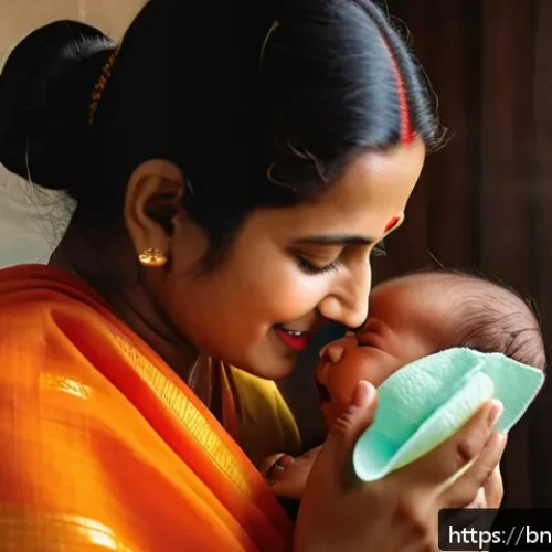 Home 33 아기 비염 증상과 대처법 - A peaceful scene showing a Bengali baby wearing a diaper, gently cared for by a parent who is cleani...