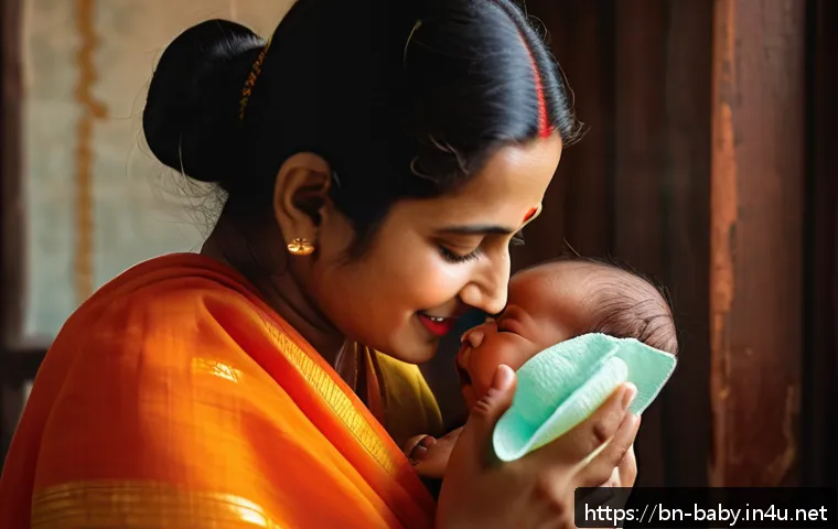 아기 비염 증상과 대처법 - A peaceful scene showing a Bengali baby wearing a diaper, gently cared for by a parent who is cleani...
