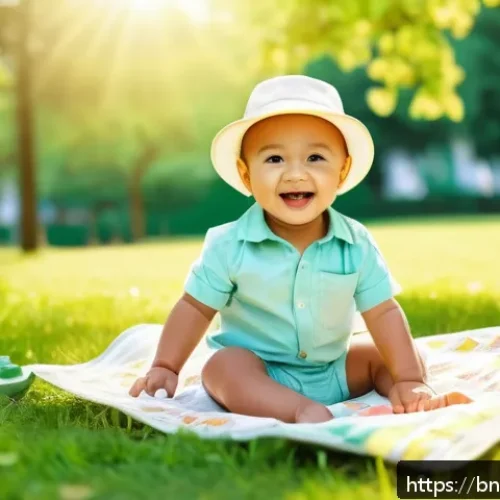 Home 32 아기와 놀이공원 나들이 - A joyful toddler wearing a light cotton shirt and comfortable shorts with a diaper clearly visible u...