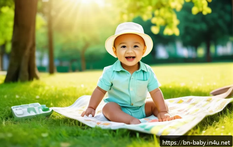 아기와 놀이공원 나들이 - A joyful toddler wearing a light cotton shirt and comfortable shorts with a diaper clearly visible u...
