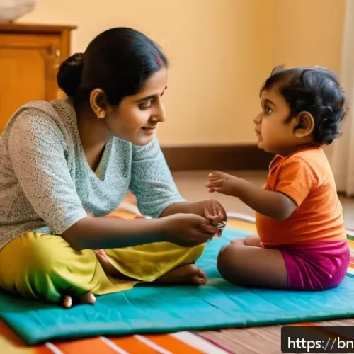 Home 17 아이 감정 표현 지도법 - A tender scene of a South Asian Bengali toddler wearing a colorful diaper, sitting on a soft mat wit...