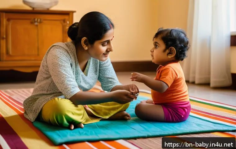 아이 감정 표현 지도법 - A tender scene of a South Asian Bengali toddler wearing a colorful diaper, sitting on a soft mat wit...