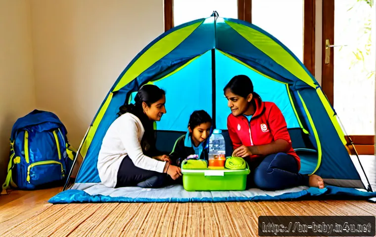 아이와 캠핑 준비물 - Photorealistic family camping preparation scene in a bright, tidy home entryway, Bengali parents and...