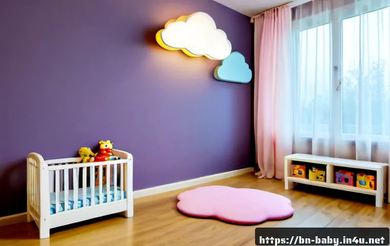아기 놀이방 조명 추천 - Photorealistic bright baby playroom with a warm dimmable ceiling light, soft indirect wall lighting,...