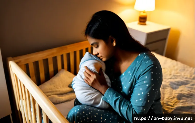 수면교육 방법 - Photorealistic cozy bedroom at night, Bengali mother gently placing a sleepy baby wearing a soft dia...