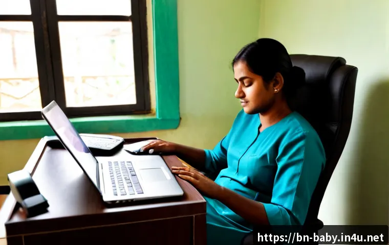 육아휴직 신청 방법 - Photorealistic Bangladeshi mother in modest professional clothing sitting at a tidy home office desk...