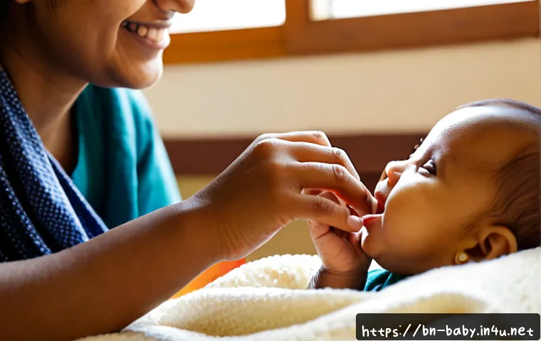 Home 17 아기와 손가락 놀이 - Photorealistic close-up of a smiling Bangladeshi mother gently playing finger games with her fully c...