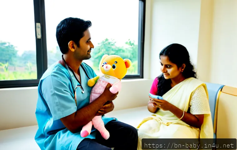 아기와 초보 부모 상담 - Photorealistic warm consultation scene in a bright modern pediatric clinic, caring Bengali doctor se...